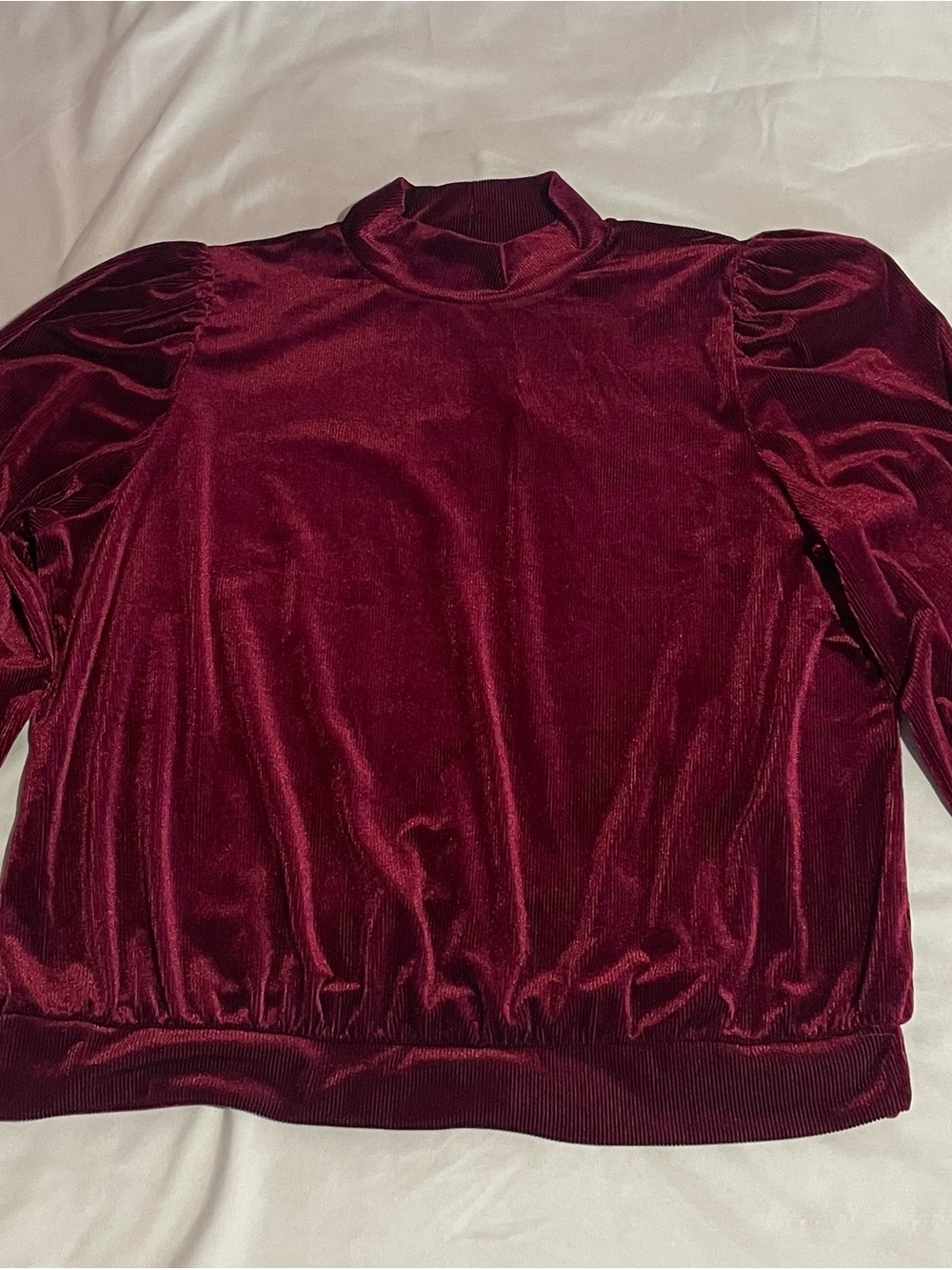 Cato Burgundy Velvet like Puff-Sleeve Mock Neck Sweatshirt size large